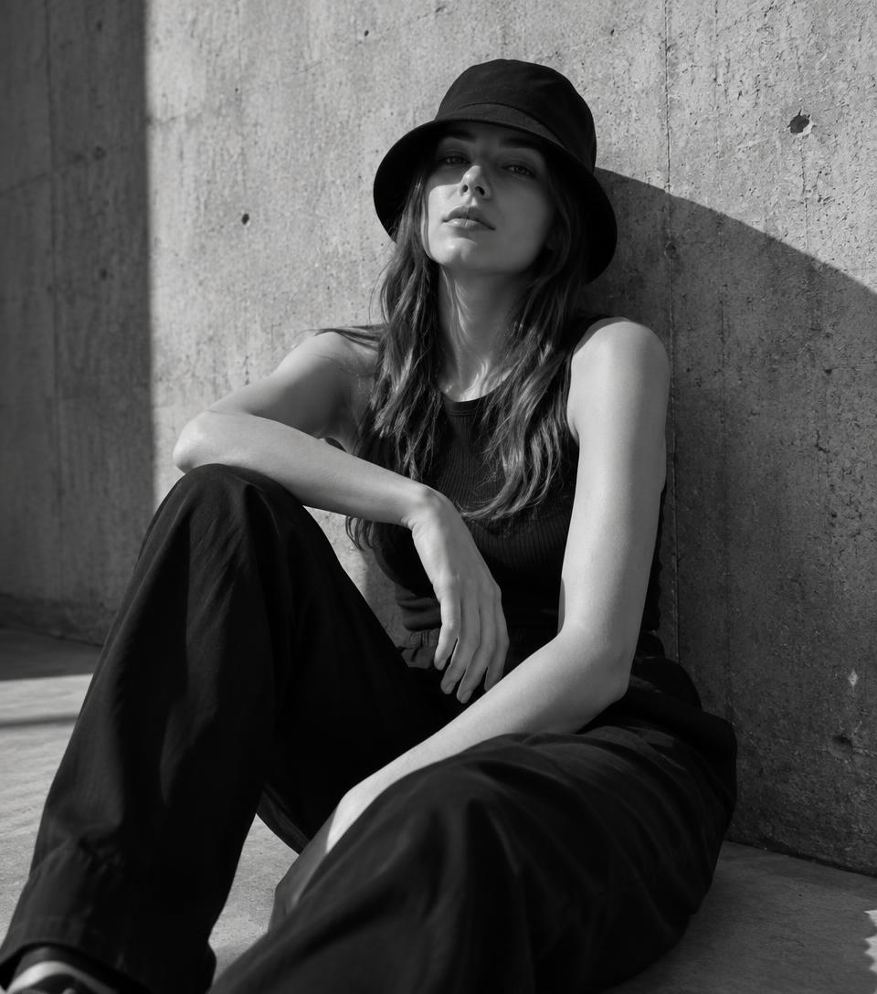 Wanita mengenakan bucket hat